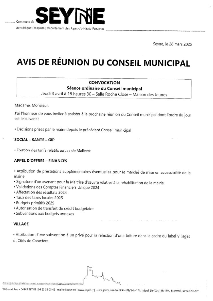 AVIS DE RÉUNION DU CONSEIL MUNICIPAL