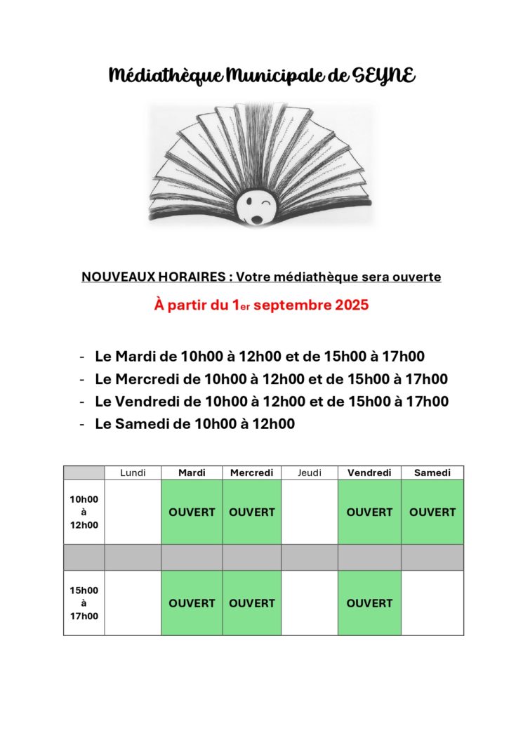 Médiathèque de Seyne : nouveaux horaires à compter du 1er septembre 2025